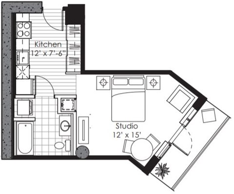 Floor plan for studio, 1 bath, 432 sqft